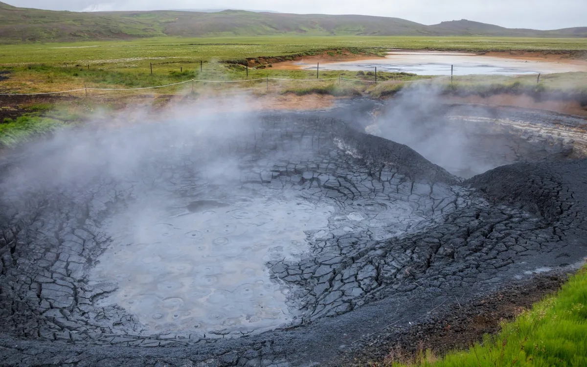 A field of geothermal steam vents on a peninsula in Iceland